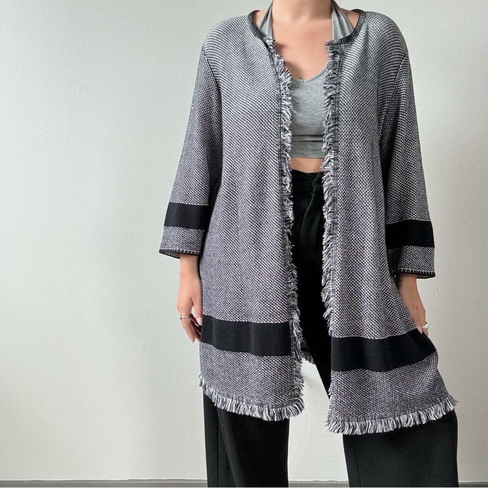 Kasper Black and Gray Fringed Cardigan